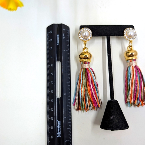 Colorful Tassel Dangle Earrings with Genuine Crystal and Pearl Accents - Picture 4 of 4